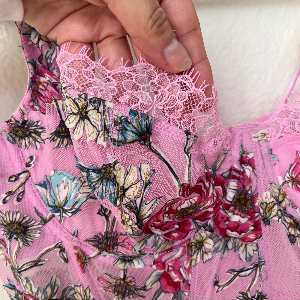 Whimsigoth Pink Floral Corset Crop Top Lace Bustier Fairycore Cottagecore Y2K - Picture 5 of 13